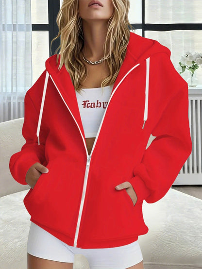 1pc Women'S Pink Hoodie with "ICON" Letter Print - Cozy Long-Sleeve Zip-Up Sweatshirt, Machine Washable, Casual Fall/Winter Pullover with Pockets, Casual Winter Wear | Trendy Casual Hoodie | Machine Washable Fabric
