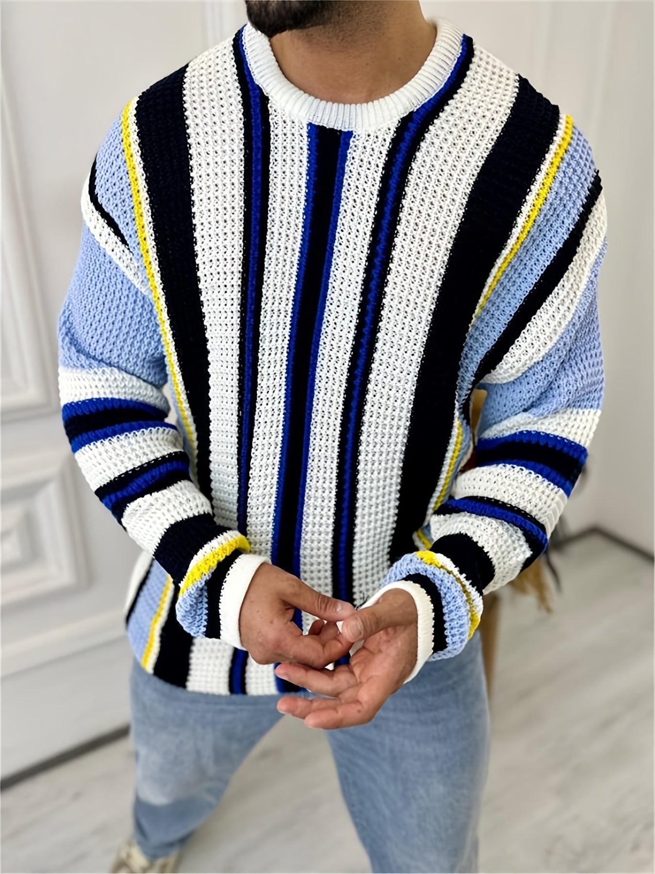 Men's Casual Striped Knit Sweater - Black & Yellow Contrast Long Sleeve Pullover with Round Neck, Regular Fit for Office Commute & Streetwear | Autumn Winter Fashion, Knit Sweater, Winter Wardrobe, Trendy Knitwear, Durable Fa