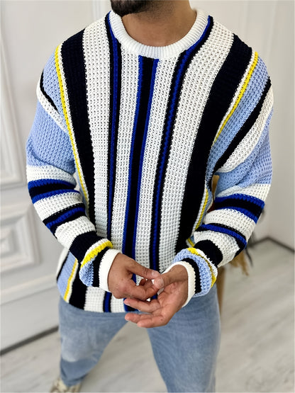 Men's Casual Striped Knit Sweater - Black & Yellow Contrast Long Sleeve Pullover with Round Neck, Regular Fit for Office Commute & Streetwear | Autumn Winter Fashion, Knit Sweater, Winter Wardrobe, Trendy Knitwear, Durable Fa