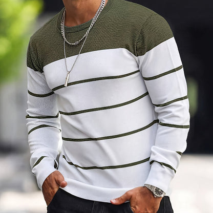 Men's Casual Striped Knit Pullover Sweater - Navy & White Contrast, Regular Fit H-Silhouette, Long Sleeve Crew Neck, Medium Stretch, Machine Washable for Spring & Fall, Mediumstretch Fabric