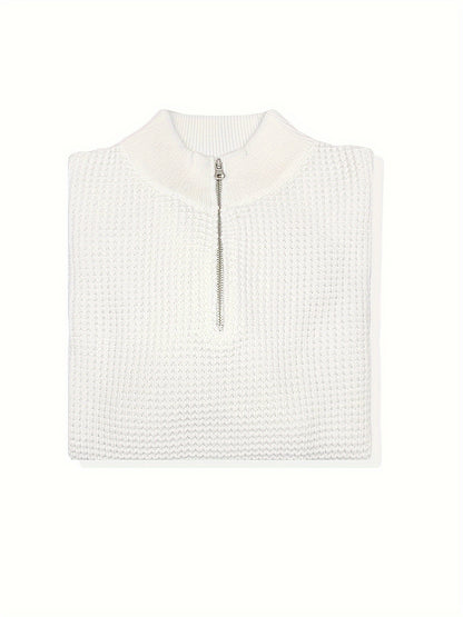 Men'S Casual Knit Pullover Sweater, 100% Polyester, Solid Color, Regular Fit, with Zipper Detail, Lapel Collar, Slight Stretch Fabric