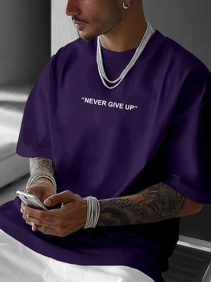 Men's "Never Give Up" Graphic Print Casual T-Shirt - Comfortable Crew Neck, Short Sleeve, Loose Fit for Spring & Summer, White Polyester Tee for Casual Attire, Casual Summer Wear | Loose Fit Top | Smooth Texture