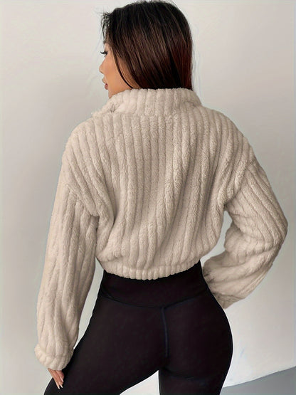 Women's Elegant Off-Shoulder Half-Zip Fleece Sweatshirt - Cozy Warm Crop Top with Ribbed Detail, Long Sleeves for Fall & Winter, Beige