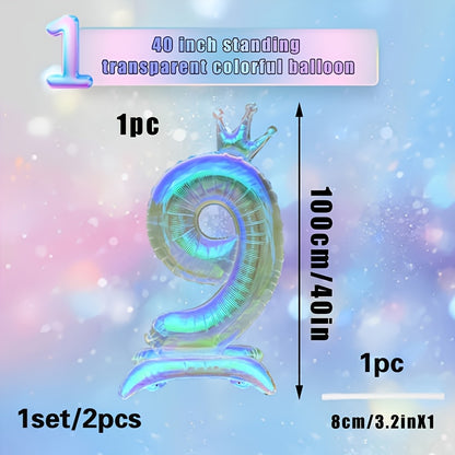 2pcs, 1pc 101.6cm transparent large digital balloon with crown and base + 1 straw, aluminum foil material, suitable for birthday party decoration, photo props, anniversary celebrations, Valentine's Day, New Year celebrations,