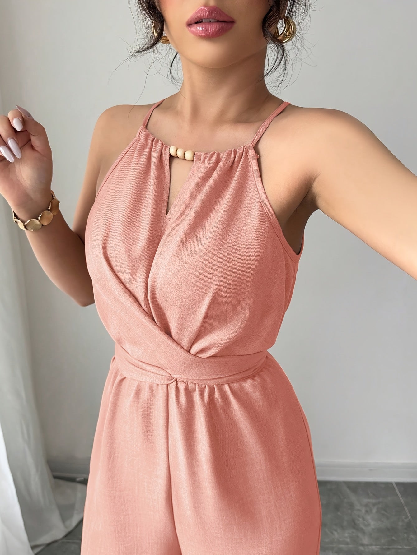Women'S Elegant Off-Shoulder Twist Front Jumpsuit - Beige Wide-Leg Jumpsuit with Adjustable Waist Tie, Perfect for Spring & Summer Casual or Dressy Outfits, Casual Chic Wear | Offshoulder Fashion | Polyester Fabric