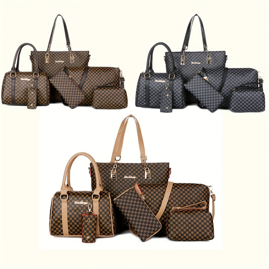 Fashion 6pcs Women's handbag set, geometric pattern, urban theme, zipper closure, polyester lining, edge paint.