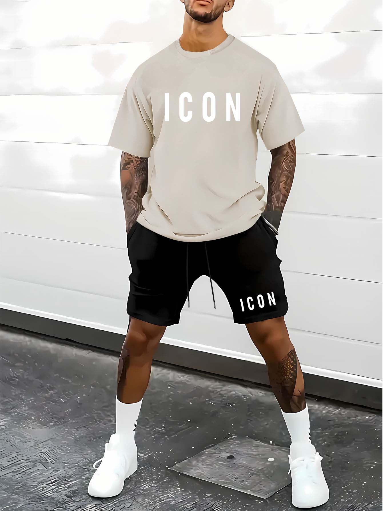 Men'S Casual Sporty Outdoor Two-Piece Set - Summer T-Shirt & Shorts with Bold "ICON" Print, Geometric Pattern, Regular Fit, Crew Neck, Light Blue & Black, Comfortable for Casual Attire, Leisure Clothing | Bold Print Shirt | C