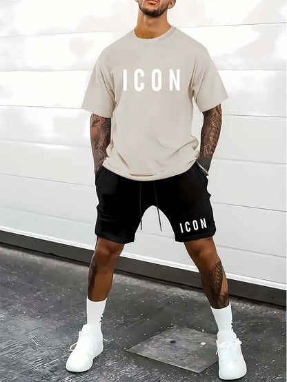 Men'S Casual Sporty Outdoor Two-Piece Set - Summer T-Shirt & Shorts with Bold "ICON" Print, Geometric Pattern, Regular Fit, Crew Neck, Light Blue & Black, Comfortable for Casual Attire, Leisure Clothing | Bold Print Shirt | C