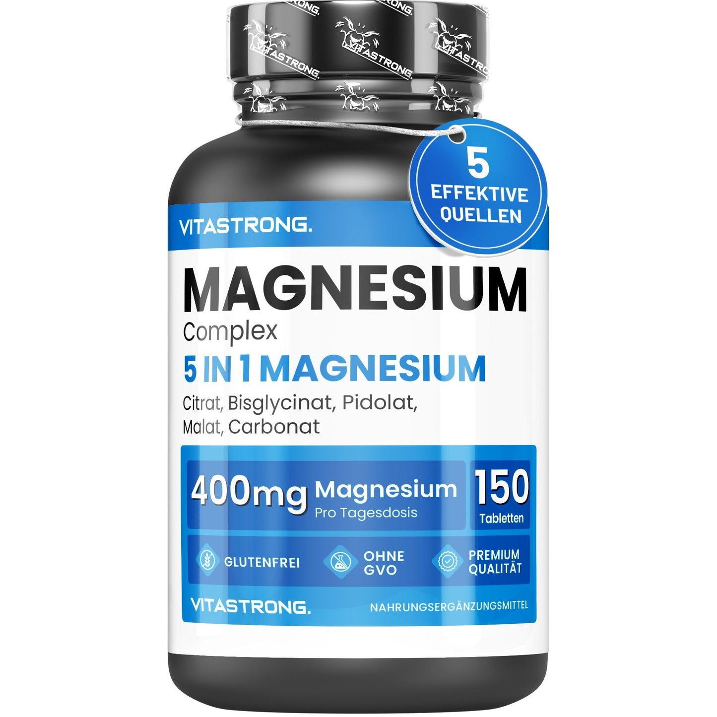Magnesium Complex 5-In-1, 400Mg Per Serving, 5 Magnesium Sources: Bisglycinate (Magnesium Glycinate), Magnesium Citrate, Malate, Pidolate, Carbonate, 150 Tablets, Pure Magnesium Premium Quality Vitastrong