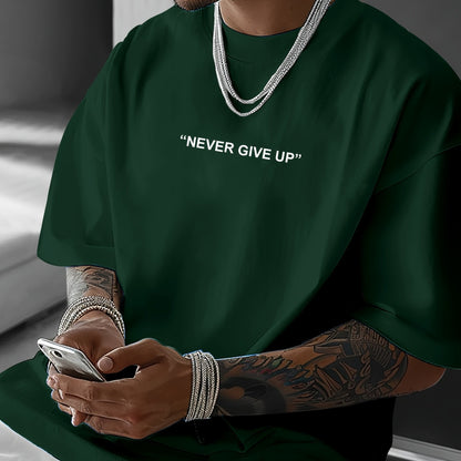 Men's "Never Give Up" Graphic Print Casual T-Shirt - Comfortable Crew Neck, Short Sleeve, Loose Fit for Spring & Summer, White Polyester Tee for Casual Attire, Casual Summer Wear | Loose Fit Top | Smooth Texture