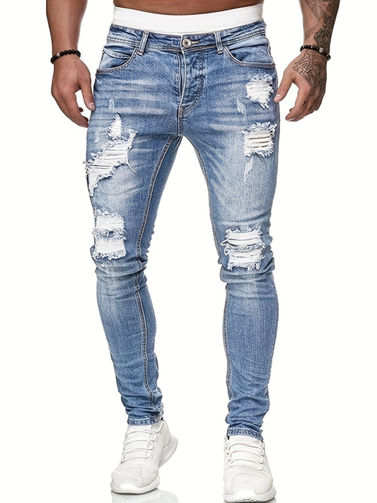 Men'S Slim-Fit Distressed Denim Jeans - Trendy Ripped Knee-Length Casual Pants, Light Blue Raw Wash, Comfortable Stretch Fabric for All-Season Wear, Everyday Fashion, Fashionforward Design, Durable Fabric Construction