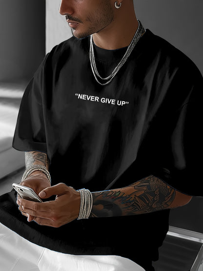 Men's "Never Give Up" Graphic Print Casual T-Shirt - Comfortable Crew Neck, Short Sleeve, Loose Fit for Spring & Summer, White Polyester Tee for Casual Attire, Casual Summer Wear | Loose Fit Top | Smooth Texture