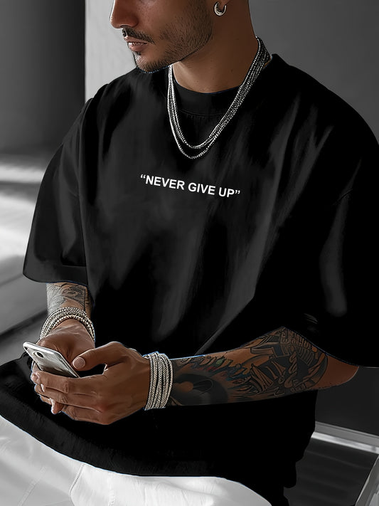 Men's "Never Give Up" Graphic Print Casual T-Shirt - Comfortable Crew Neck, Short Sleeve, Loose Fit for Spring & Summer, White Polyester Tee for Casual Attire, Casual Summer Wear | Loose Fit Top | Smooth Texture