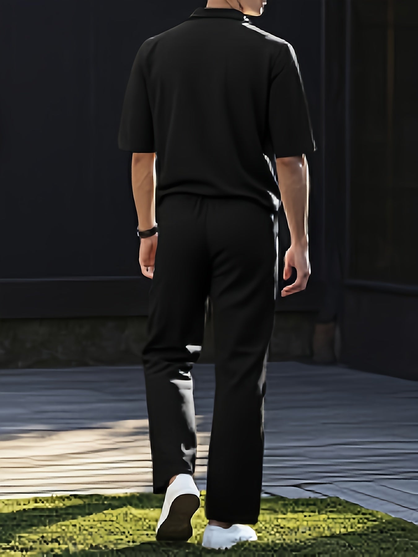 Men'S Summer Casual Short Sleeve Jumpsuit - Lightweight Breathable Fabric, Loose Fit with Adjustable Waist Belt, Pockets & V-Neck Design for Outdoor Travel, Beach, Home Wear - Black, Beach Attire, Minimalist Style, Comfortabl