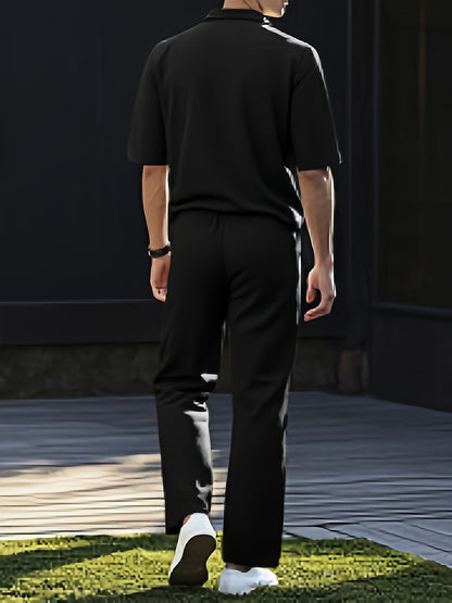 Men'S Summer Casual Short Sleeve Jumpsuit - Lightweight Breathable Fabric, Loose Fit with Adjustable Waist Belt, Pockets & V-Neck Design for Outdoor Travel, Beach, Home Wear - Black, Beach Attire, Minimalist Style, Comfortabl