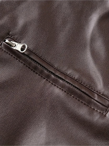 1pc Men'S Casual Faux Leather Jacket with Stand Collar, Solid Color Motorcycle Coat, Regular Fit with Pockets, Non-Stretch Woven Fabric - Spring/Fall Fashion Outerwear