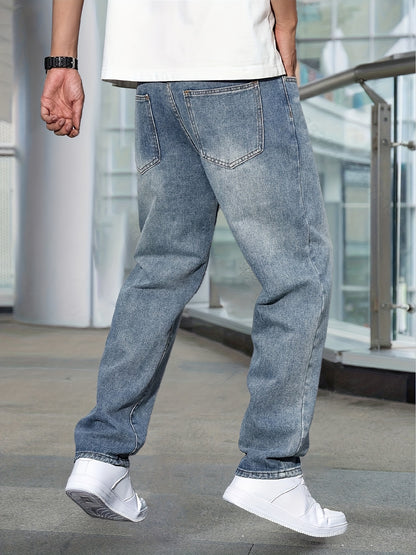 Men's Casual Stretch Denim Pants - Classic Regular Fit, Water-Washed Texture, All-Season Comfort, Machine Washable Solid Color Jeans for Casual Attire, Casual Casual Attire | Classic Blue Jeans | Easycare Jeans