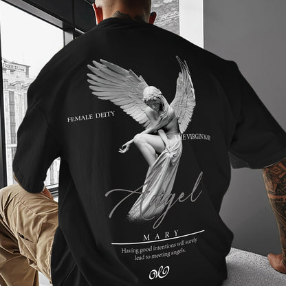 Men'S Casual Street Style Angel Graphic T-Shirt - "Female Devity" Print, Loose Fit, Polyester Blend, Summer Essential, Textured Look, Black with White Design, Short Sleeve, Round Neck, Perfect for Casual Attire, Everyday Tshi