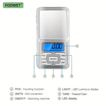 FODWET Digital Kitchen Scale Pocket Scale, Digital Gram Jewelry Ounce/Metered Jewelry Scale, Mobile Phone Scale with Backlight LCD, Food Weighing Scale, 200g 0.01g Precision, Travel Mini Weighing Scale 2*AAA Batteries Not Inc
