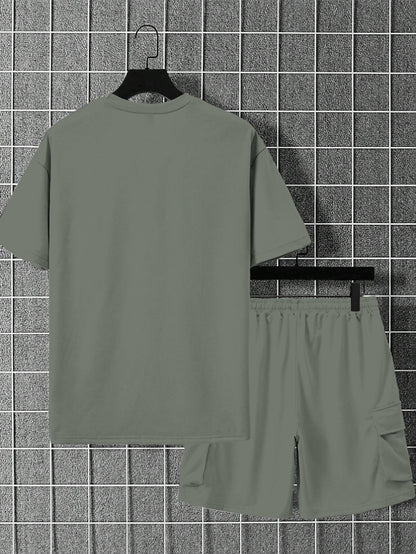 New Loose Fit Breathable Men's Crew Neck Short Sleeve T-Shirt and Workwear Style Multi-Pocket Shorts Set, Summer Casual Sportswear Two-Piece Outfit, Stylish Versatile Top and Pants for Both Men and Women