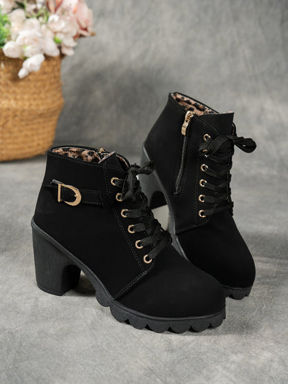 MagiMoBo Women'S Mid-Heel Ankle Boots with Side Zipper - Comfortable Faux Cover, Decorative Buckle Design, All-Season Versatile Casual Shoes for Casual Attire, Chunky Heel, Versatile Ankle Boots | Decorative Buckle Boots | Sy