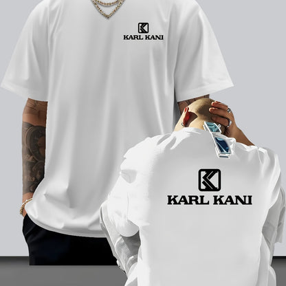 Men'S Casual Crew Neck T-Shirt with "KARL KANI" Graphic - Breathable, Moisture-Wicking, Short Sleeve, Regular Fit, Geometric Pattern, Ideal for Home & Outdoor Activities, All-Season Comfort, Outdoor Clothing | Relaxed Fit Shi
