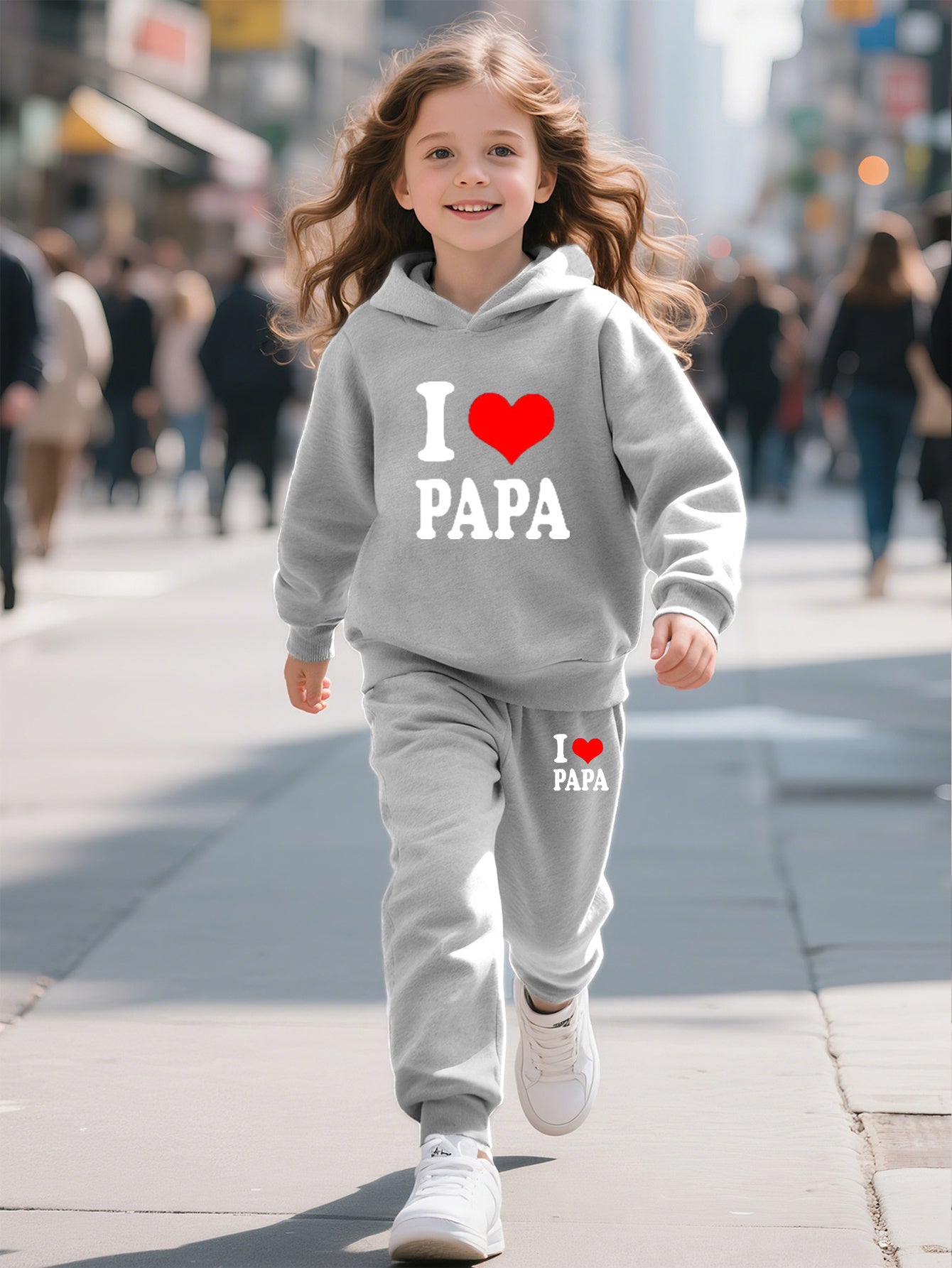 2pcs Back-to-School Season Fashionable Autumn/Winter Casual Sporty Style Girls' "I Love Dad" Cartoon Print Long Sleeve Fleece-Lined Hoodie + Sweatpants Set, Perfect for Outdoor