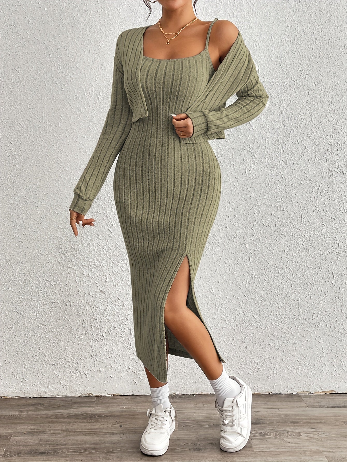 Simple y Fleece Two-Piece Dress and Jacket Set