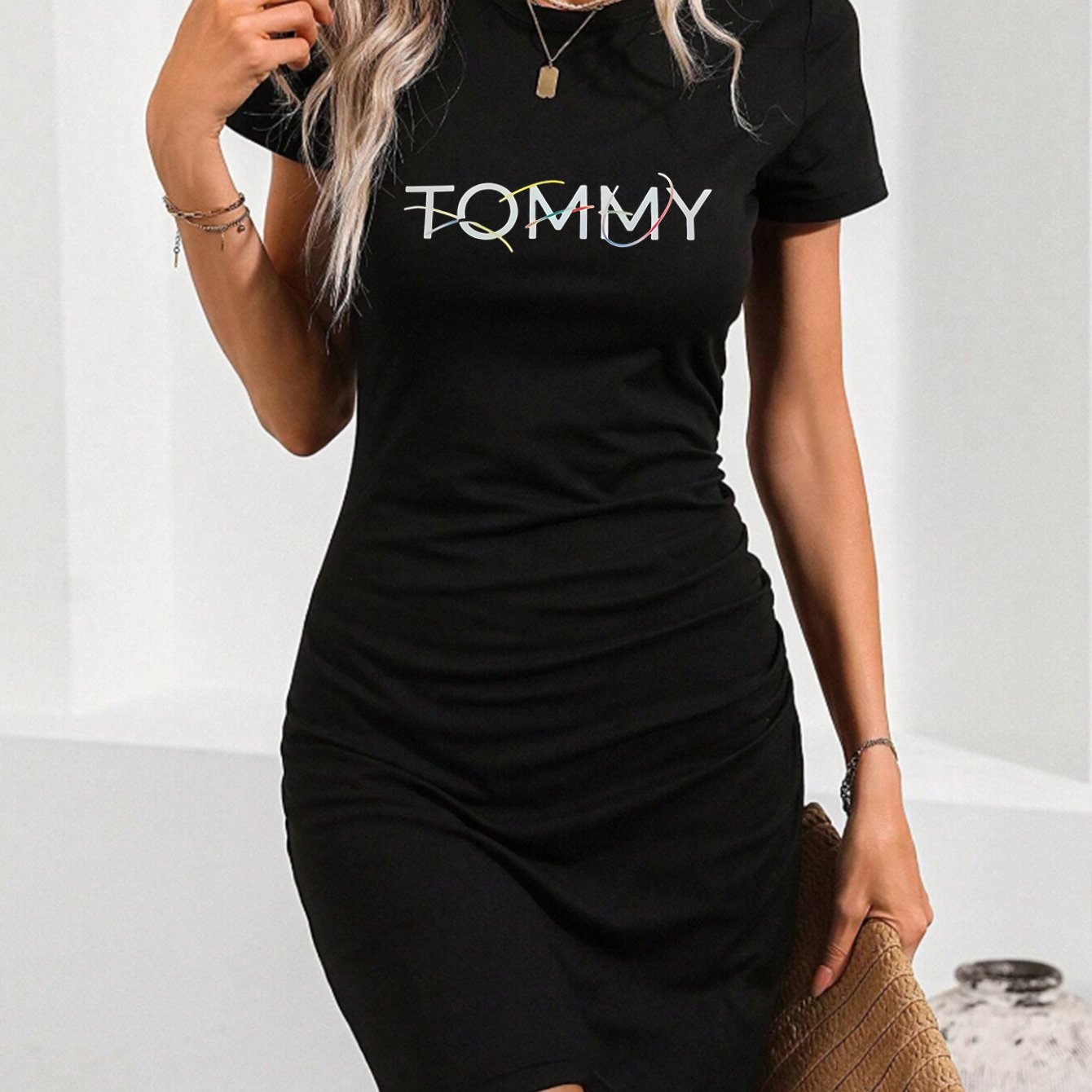 Women'S Bodycon Mini Dress with "TOMMY" Print - Stretchy, Breathable Fabric, Round Neck, Short Sleeve, Perfect for Parties & Casual Attire, Black, Party Attire | Round Neckline | Stretchy Fabric