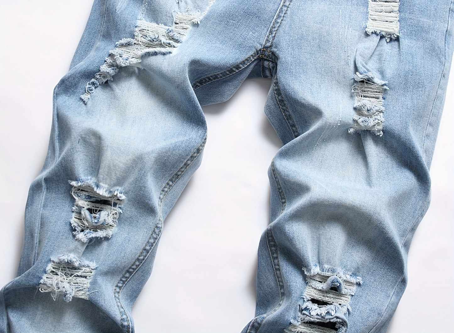 Men'S Slim-Fit Distressed Denim Jeans - Trendy Ripped Knee-Length Casual Pants, Light Blue Raw Wash, Comfortable Stretch Fabric for All-Season Wear, Everyday Fashion, Fashionforward Design, Durable Fabric Construction