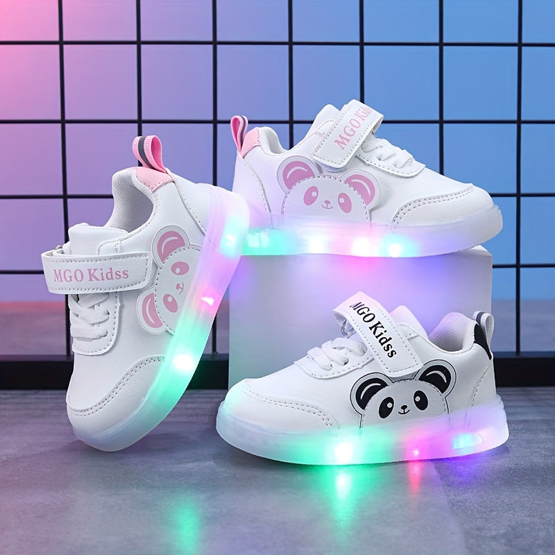 MGO Kidss Youngsters' Cute Panda Cartoon Sports Shoes with Glow-in-the-Dark Design - Fashionable Black and White Casual Sneakers, Easy to Wear for Boys and Girls | Panda Themed Athletic Footwear | PU Upper, Youngsters'S Footw