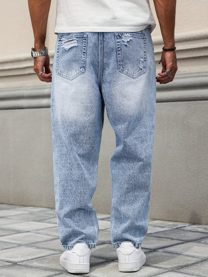 Men's Distressed Blue Denim Harem Pants - Loose Fit, Ripped Jeans with Raw Hem & Slant Pockets, Casual All-Season Wear (Belt/Accessories Not Included)