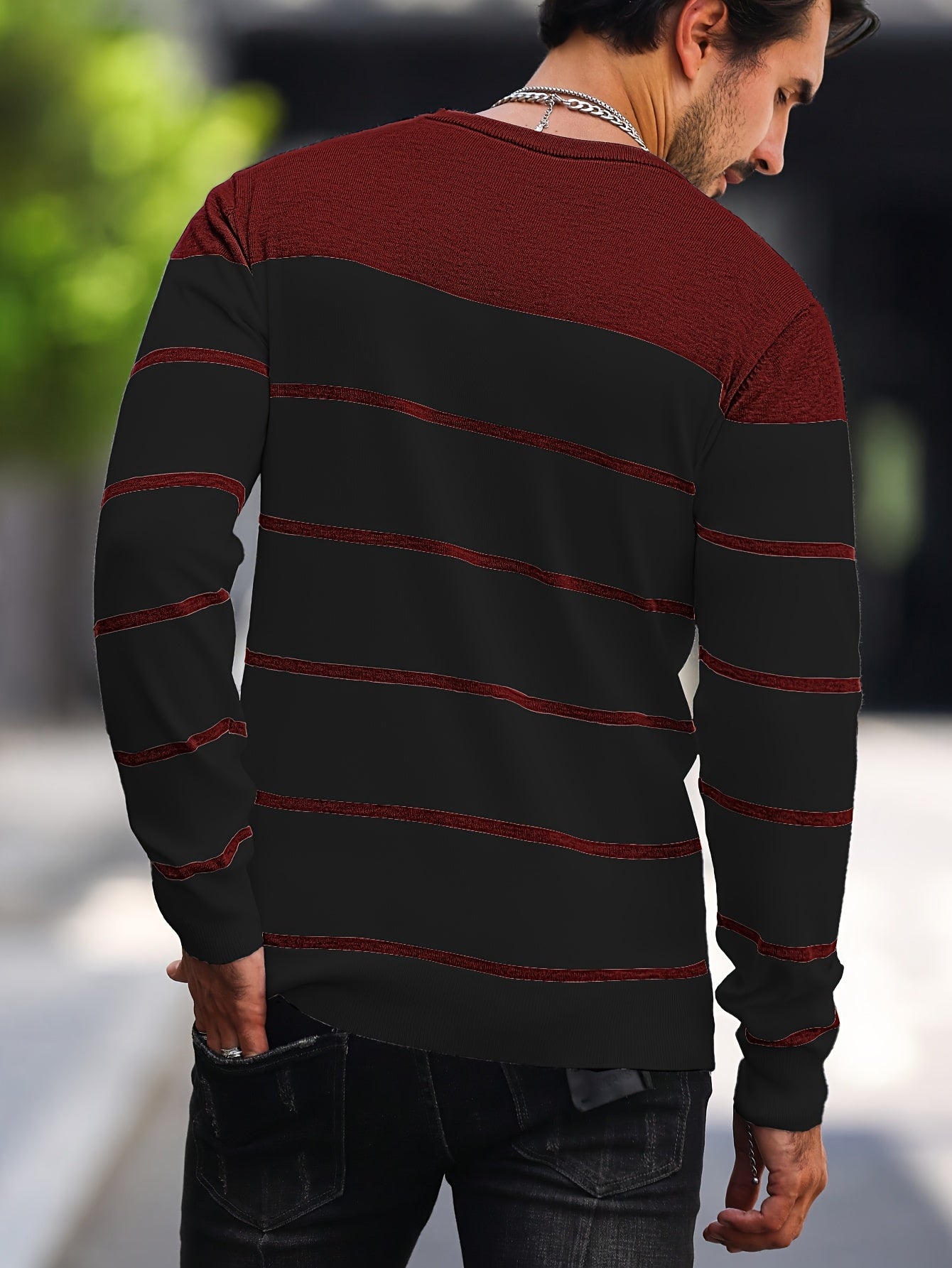 Men's Casual Striped Knit Pullover Sweater - Navy & White Contrast, Regular Fit H-Silhouette, Long Sleeve Crew Neck, Medium Stretch, Machine Washable for Spring & Fall, Mediumstretch Fabric