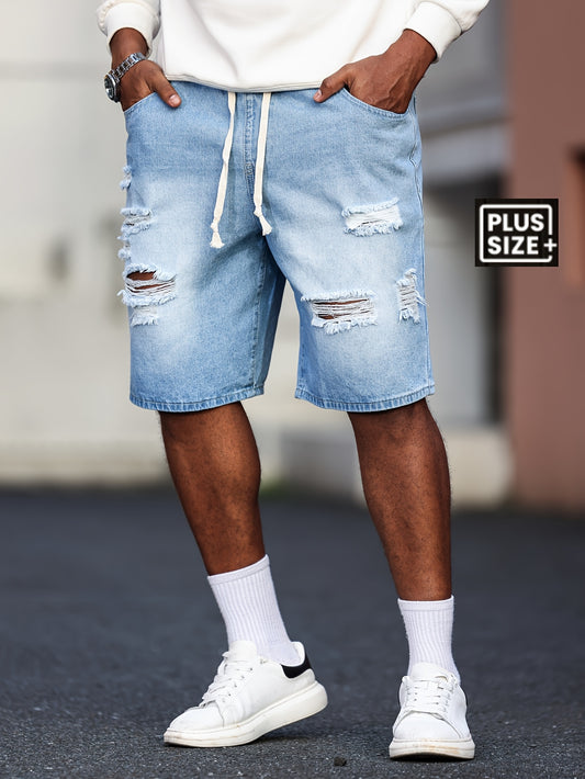 Men's Big & Tall Jeans Shorts - Non-Stretch Heavy-Duty Jeans Fabric, Drawstring Waistband, Loose Fit Casual Pants for Everyday & Formal Outfits - Machine Washable Denim Shorts, Relaxed Style, Distressed Look, Sturdy Construct