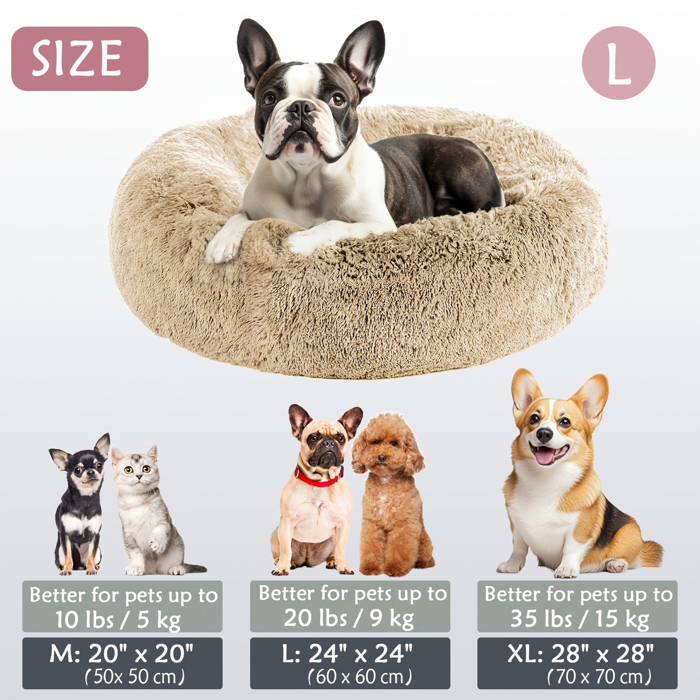 Calming Dog & Cat Bed, Donut Cuddler Warming Cozy Soft Round Bed, Fluffy Faux Fur Plush Cushion Bed For Small Medium And Large Dogs And Cats (40.64cm/50.8cm/60.96cm/71.12cm/78.74cm/99.06cm) Christmas Gift