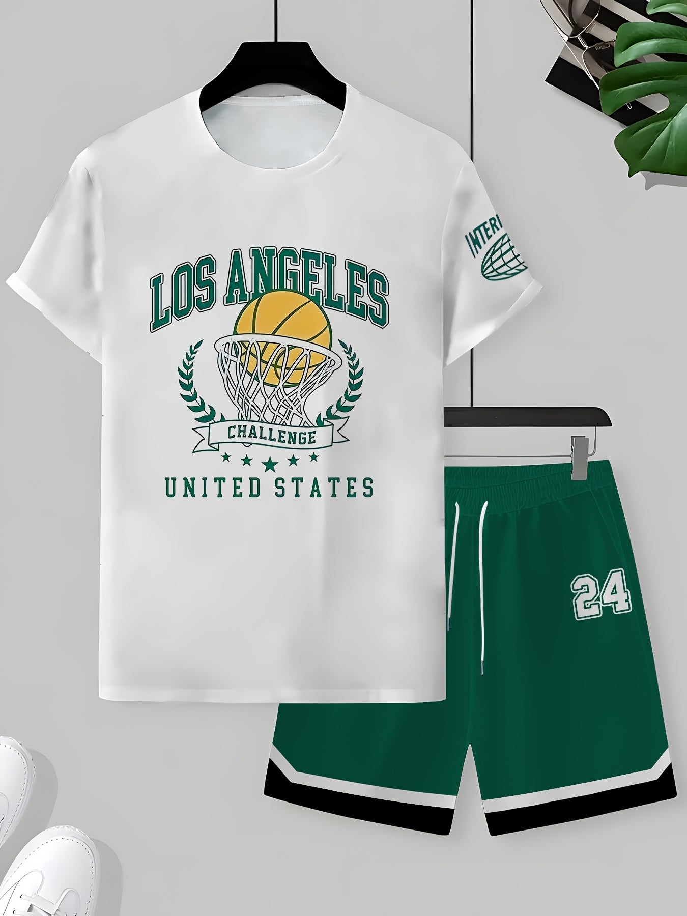 2pcs Men'S Summer Basketball Training Running Suit, Basketball Short Sleeve T-Shirt and 24 Shorts Set