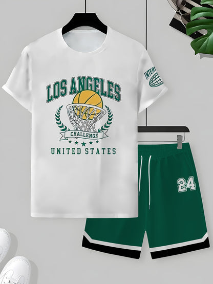 2pcs Men'S Summer Basketball Training Running Suit, Basketball Short Sleeve T-Shirt and 24 Shorts Set
