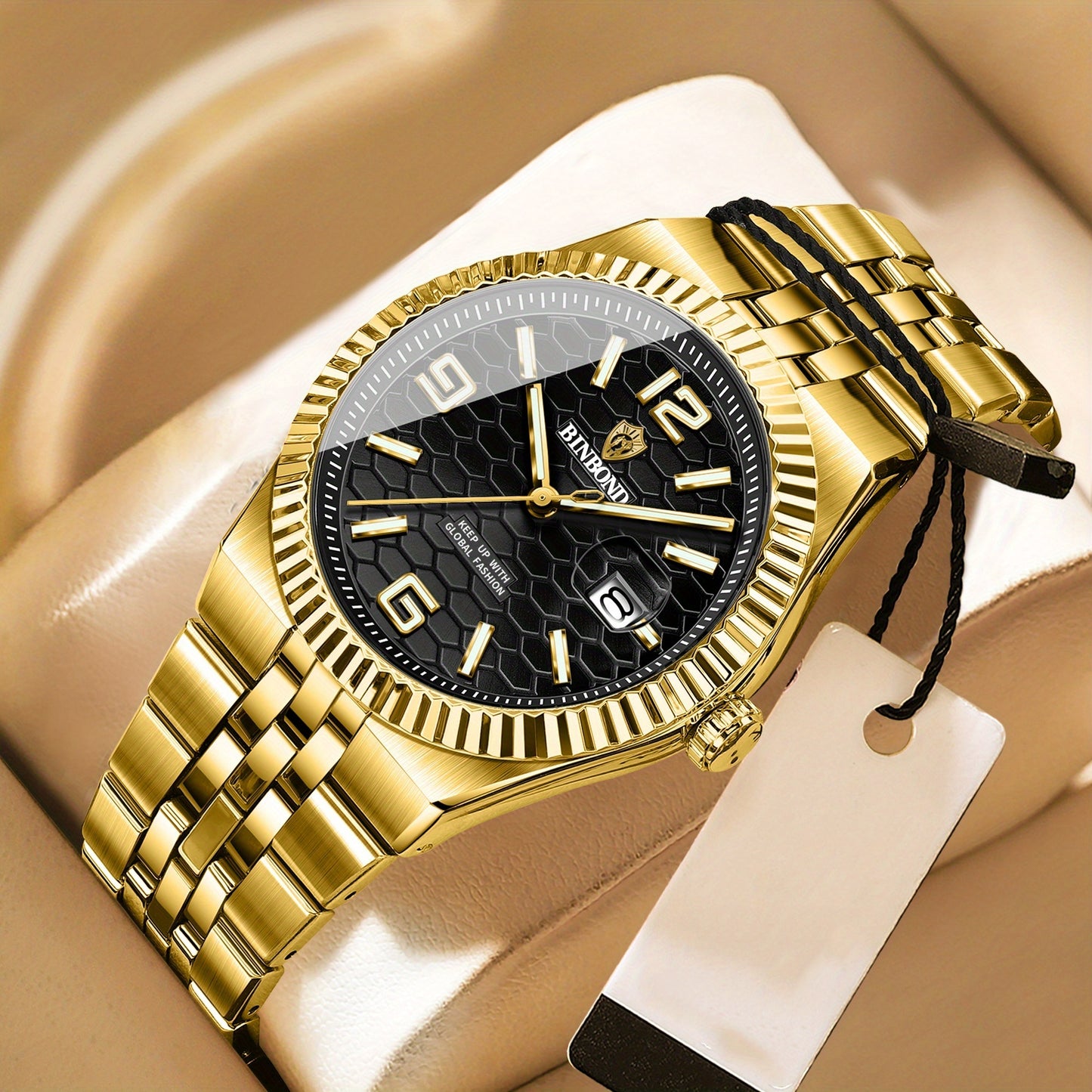 BINBOND Men's Sporty Elegant Quartz Watch with Date Display, Luminous Hands & Two-Tone Golden & Black Stainless Steel Band - High Quality Business Casual Watch for Everyday & Formal Wear, Versatile Wristwatch, Sophisticated D