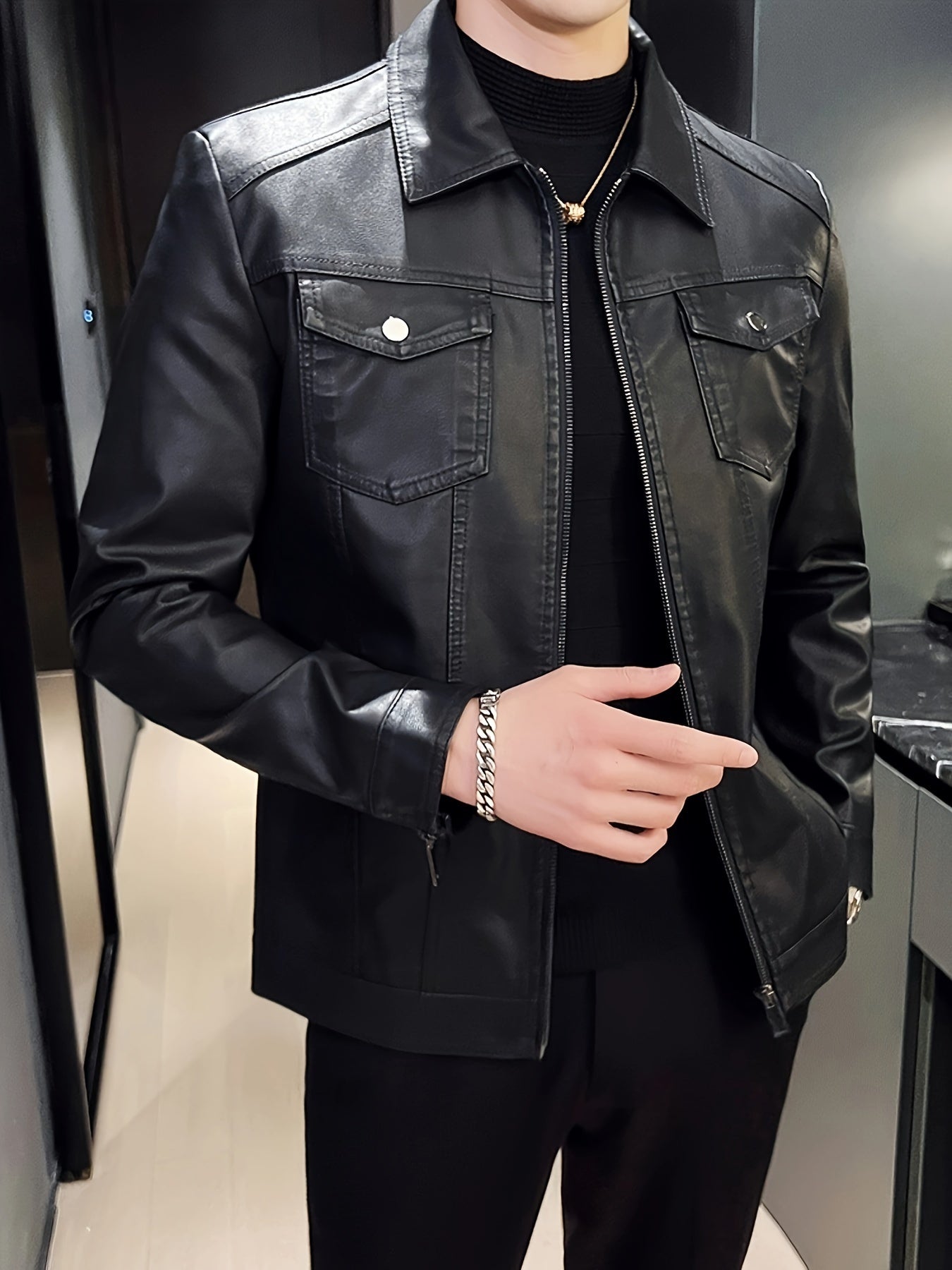 Men'S Slim-Fit Faux Leather Jacket - Black Casual Zip-Up Bomber with Lapel Collar, Long Sleeves, and Pockets for Autumn & Winter, Autumn Winter Jacket | Sleek Black Jacket | Polyester Lined Jacket