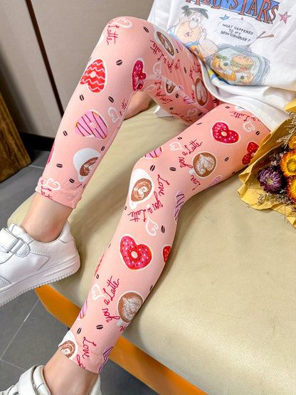 1pc Stretchy & Slim Girls' Pink Heart Donut Pattern Leggings - Soft Polyester/Elastane Blend, Non-See-Through, Perfect for Spring/Summer/Fall Outdoor Activities & Sister Bonding Time