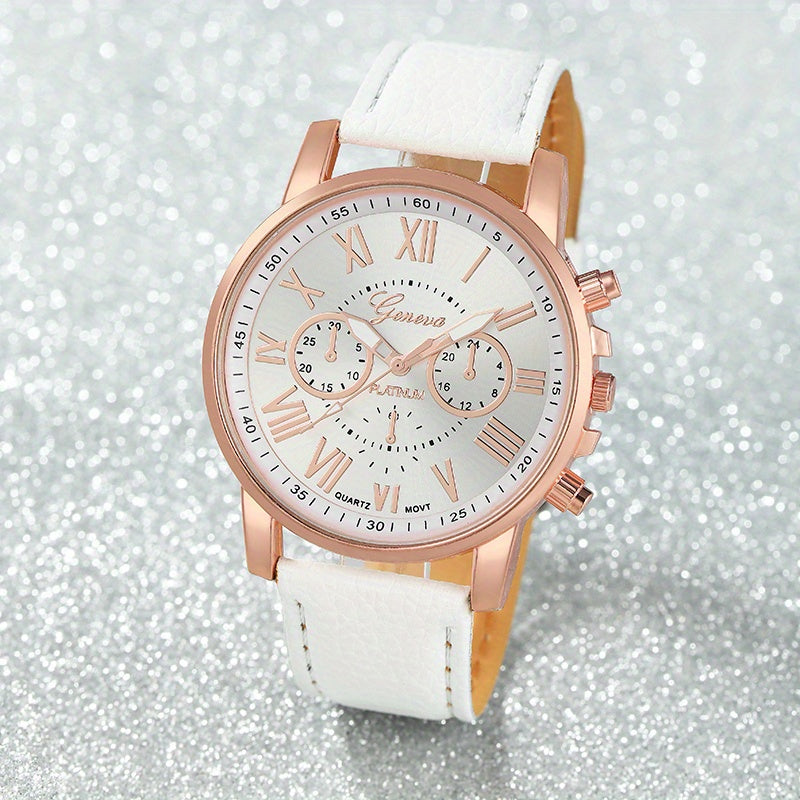 2pcs CAYON Women'S Quartz Watch & Bracelet Set - Elegant White Faux Leather Strap with Rose Golden-Tone Accents, Sparkling Crystal Bracelet, Casual Style, Perfect Valentine'S Day Gift, Valentine'S Day Accessory | Elegant Watc