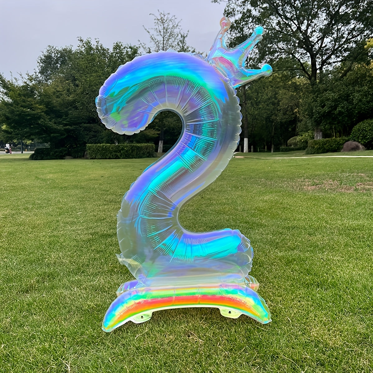 2pcs, 1pc 101.6cm transparent large digital balloon with crown and base + 1 straw, aluminum foil material, suitable for birthday party decoration, photo props, anniversary celebrations, Valentine's Day, New Year celebrations,