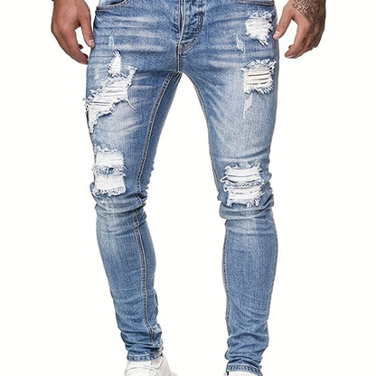 Men'S Slim-Fit Distressed Denim Jeans - Trendy Ripped Knee-Length Casual Pants, Light Blue Raw Wash, Comfortable Stretch Fabric for All-Season Wear, Everyday Fashion, Fashionforward Design, Durable Fabric Construction