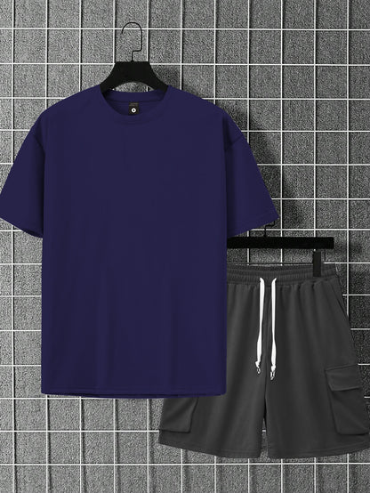 New Loose-Fitting Breathable Men'S Round Neck Short-Sleeved T-Shirt And Workwear Style Multi-Pocket Shorts Set Summer Leisure Sports Two-Piece Suit, Fashionable Sports Casual Versatile Tops And Pants for Men And Women