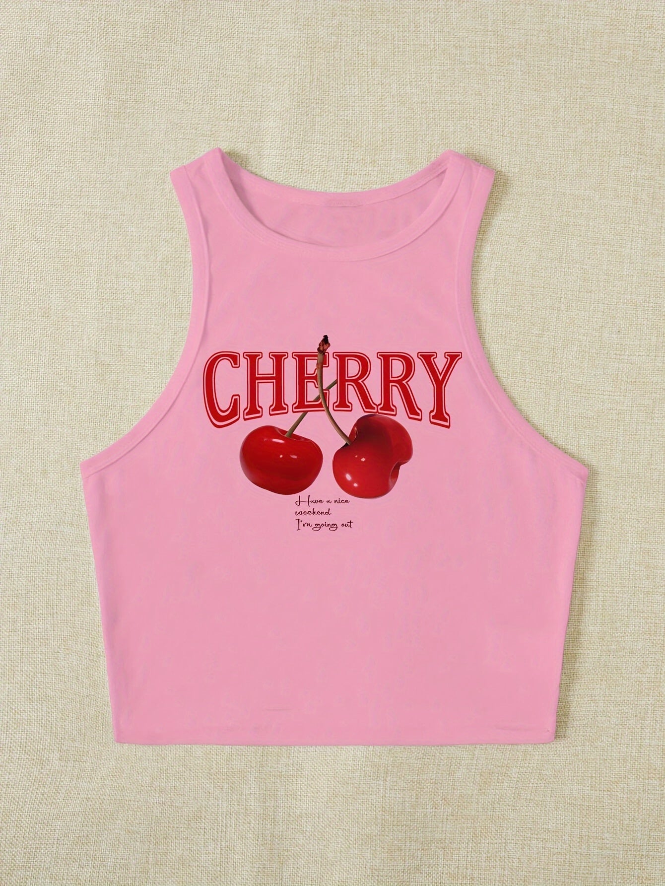 Women's Elegant Cropped Graphic Tank Top - Cherry Print Semi-Sheer Stretchy, Round Neck Sleeveless Shirt, Machine Washable All-Season Casual Top, Ladies Tank Tops, Playful Summer Wear