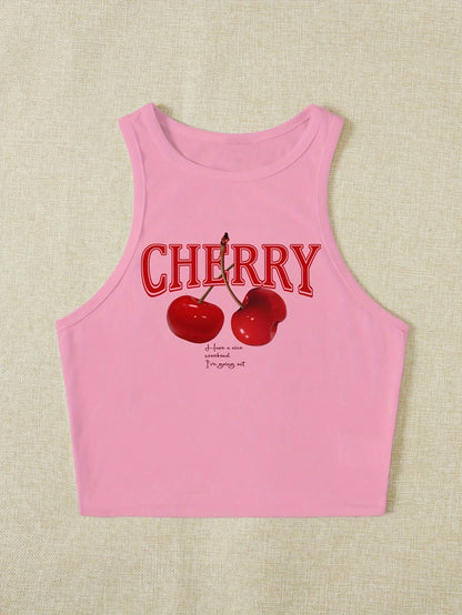 Women's Elegant Cropped Graphic Tank Top - Cherry Print Semi-Sheer Stretchy, Round Neck Sleeveless Shirt, Machine Washable All-Season Casual Top, Ladies Tank Tops, Playful Summer Wear