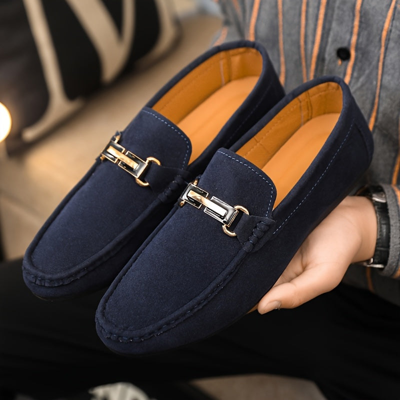 Men'S Slip-On Loafers - Black Faux Casual Shoes with Golden-Tone Buckle Straps, Round Toe & Non-Slip Rubber Sole for All-Season Comfort, Party & Casual Attire, Party Footwear, Sleek Shoe Design, Durable Footwear