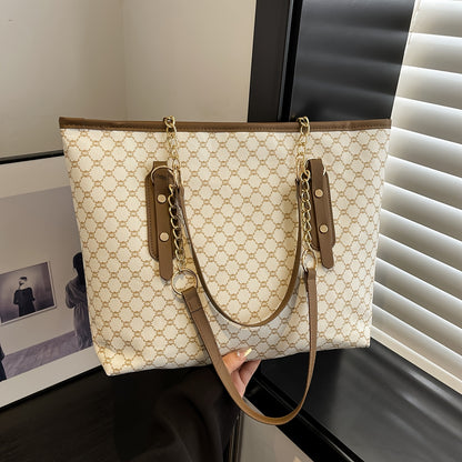 Rubyn Women's Large Capacity Tote Bag - Beige/ & Brown Greek Key Logo Handbag, Versatile Shoulder Purse for Women,, Travel, Everyday Use, Everyday Bag For Women, Casual Bag For Women, Casual Style Tote Bag, Medium Size Tote B