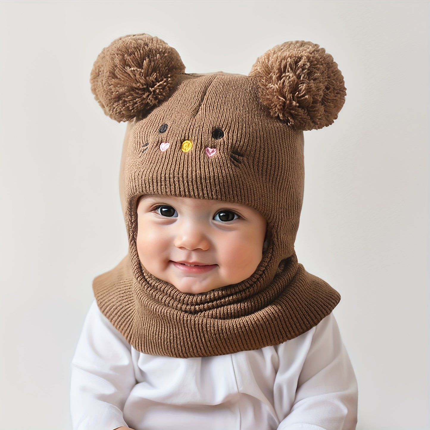 Knit Balaclava Beanie and Neck Warmer hat,cat Embroidery, Stretch Fit, Suitable for 0-3 Years Old, Daily and Casual Wear, Birthday, Holiday Party, Autumn and Winter, Christmas, Halloween