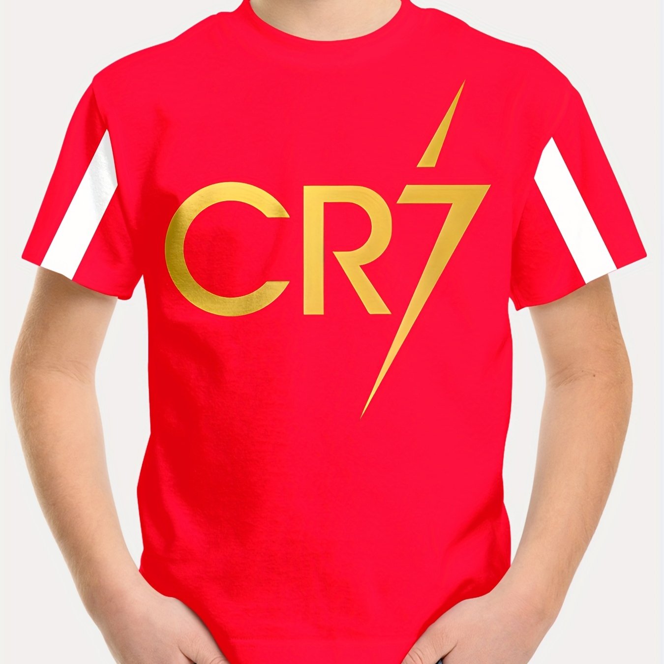 Boys' CR7 Lightning Bolt Graphic T-Shirt - Black Casual Short Sleeve Crewneck with Golden & White Stripe Design, Comfortable Summer Top for Youngsters, Youngsters's Pullover | Graphic Tee | Machine Washable, Tween Boy Clothes